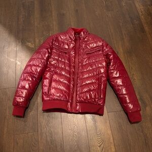 Red Glossy Puffer Jacket with Ribbed Cuffs
